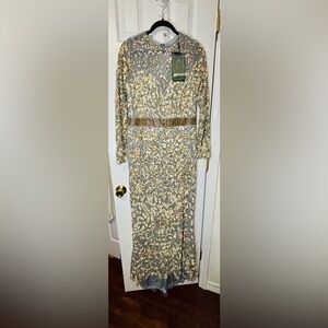 NWT MAC DUGGAL SZ 14 Platinum/Gold Long Sleeve With Cutout In Back #4316